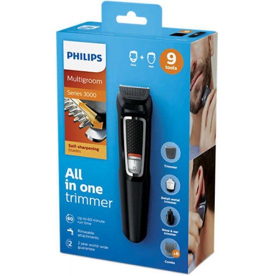 Philips MG3740/15 Multigroom Series 3000 9 in 1 Κοπτική Mηχανή για Πρόσωπο και Μαλλιά 