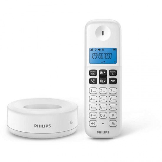 Philips D1611W/GRS Λευκό (Ελληνικό Μενού) Ασύρματο τηλέφωνο ανοιχτή ακρόαση, φωτιζόμενη οθόνη και 50 μνήμες